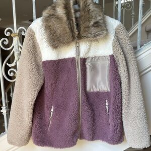 Tribal Colorblock Teddy Jacket with Faux Fur Collar